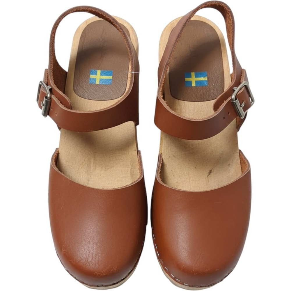 Swedish Wooden Clogs Brown Leather Mary Jane Ankle Strap Platform Sandals Sz 38